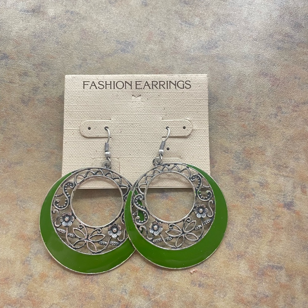 Green and Silver Hoop Earrings